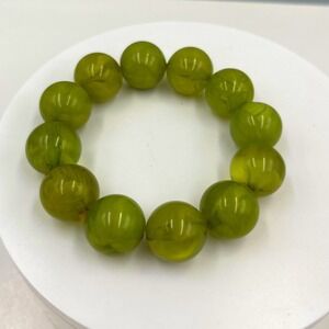 Vintage Olive Green Swirl Resin Bead Stretch Bracelet Chunky Statement Jewelry